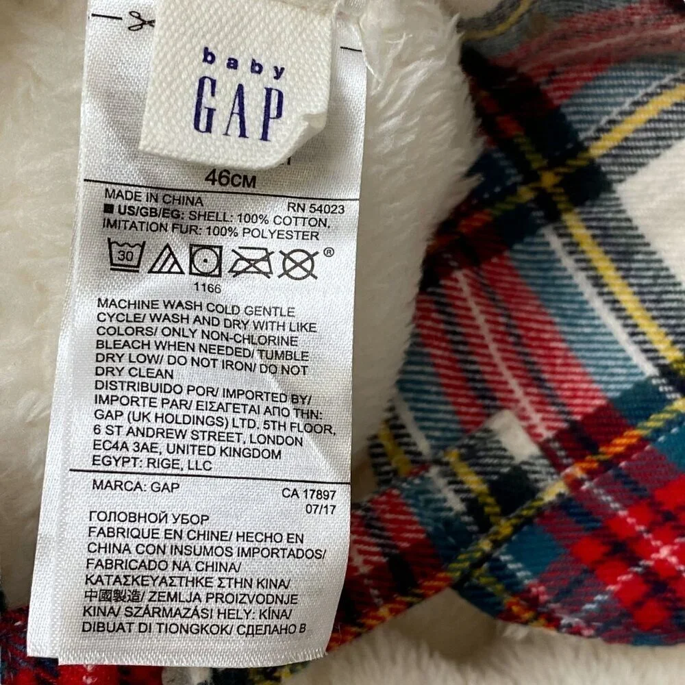 Baby Gap Red Plaid Hat 6-12mos Fleece Lined Trapper Hat